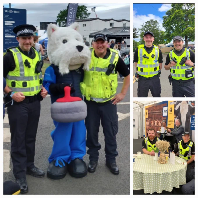 Collage including photos of uniformed police officers drinking tea & chatting to members of the public, standing next to a mascot (westie dog) highlighting the sport of curling and a further photo of two uniformed officers on patrol 