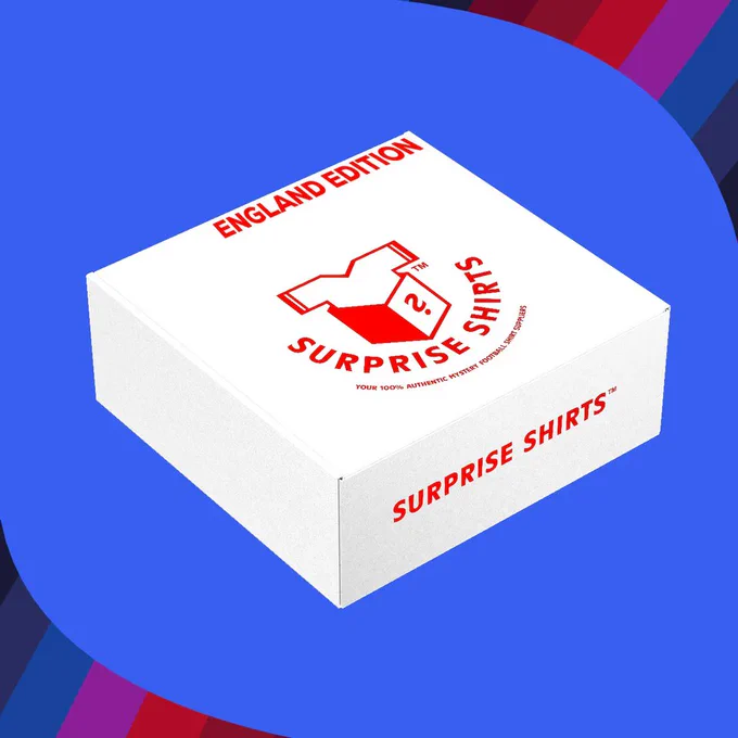 A white Surprise Shirts box featuring our logo in red, with the words 'ENGLAND EDITION'. The background is a mid blue