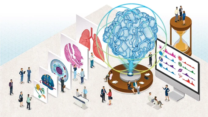 Alt text: Image of people meeting and conversing around blocks of scientific images. 