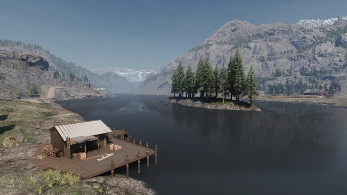 A screenshot from the game Ranch Simulator, showing a lake, with a small island with trees in the middle, with mountains in the background. In the foreground, a small building and dock can be seen by the lake.