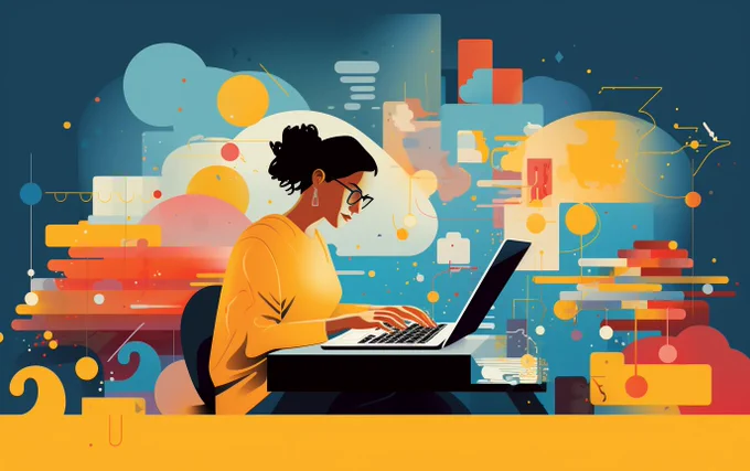 Computer generated illustration of a woman wearing glasses and typing on a laptop in primary colours surrounded by a backdrop of abstract geometric shapes.