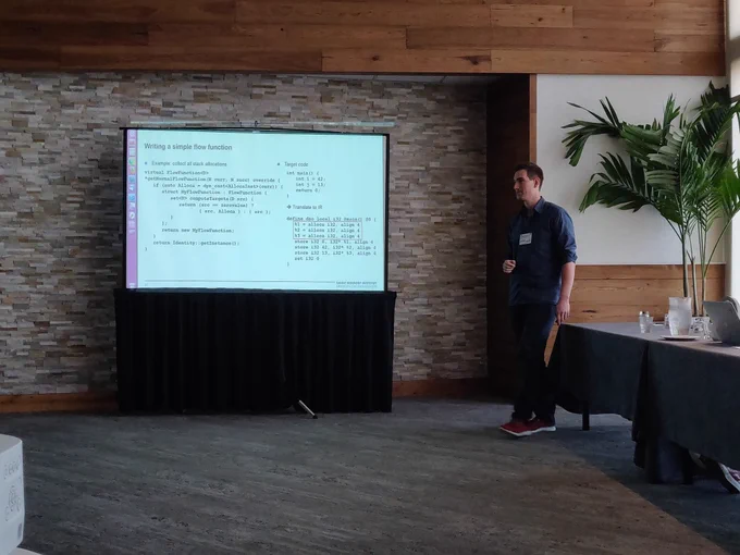 A person giving a presentation in a room. Palm tree on the right side. A presentation slide is visible on a big monitor