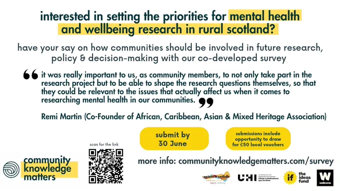 interested in setting the priorities for Mental Health and wellbeing research in rural Scotland?
have your say on how communities should be involved in future research, policy & decision-making with our co-developed survey 
"it was really important to us, as community members, to not only take part in the research project but to be able to shape the research questions themselves, so that they could be relevant to the issues that actually affect us when it comes to researching mental health in our communities."

Remi Martin, Co-Founder of African, Caribbean, Asian & Mixed Heritage Association

submit by 30 June
submissions include opportunity to draw for £50 local vouchers 

www.communityknowledgematters.com/survey