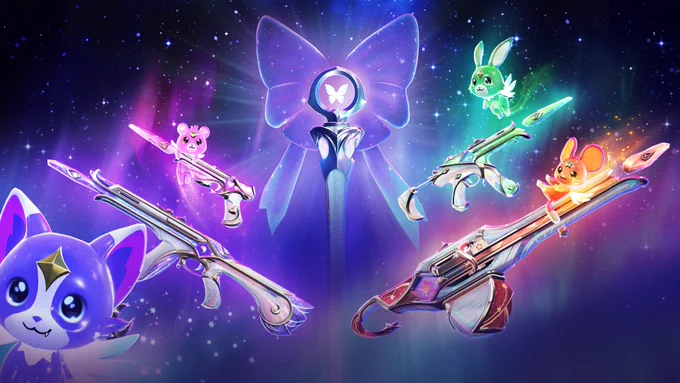 Five luminescent Evori Dreamwings weapons and their magical animal familiars float above a rainbow-tinged night sky. From left to right, a purple Vandal with its Dreamwing Lunari cat familiar, a pink Ghost with Dreamwing Amari bear familiar, Evori’s Spellcaster, a green Spectre with Dreamwing Terrari bunny familiar, and an orange Odin with Dreamwing Solari mouse familiar.