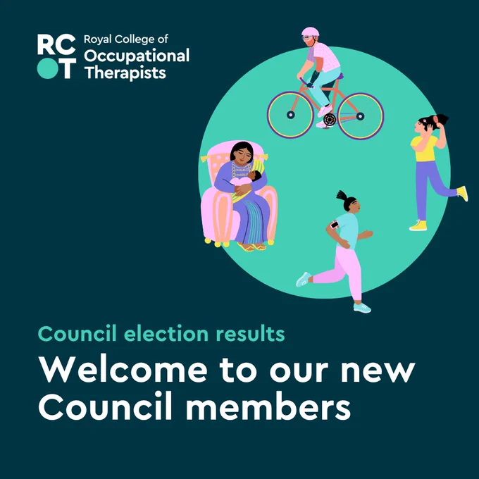 Text reads 'Council Election Results. Meet our new Council members' 

Illustrations show a person in a chair holding a baby, a person on a bike, a person running and a person brushing their hair. 