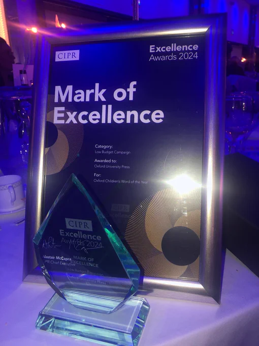 The CIPR Mark of Excellence framed certificate and award for Oxford Children's Word of the Year