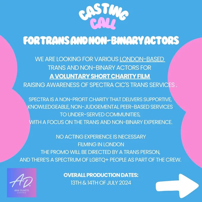 Graphic Image with Trans flag colours with the below written on it:
Casting Call for Tran and Non-Binary Actors
We are looking for various LONDON-BASED Trans and Non-Binary actors for a voluntary short charity film raising awareness of Spectra CIC's Trans Services.
SPECTRA is as non-profit charity that delivers supportive, knowledgeable, non-judgemental peer-based services 
to under-served communities, with a focus on the trans and non-binary experience.

No acting experience is necessary
Filming in London
The promo will be directed by a trans person, and there’s a spectrum of lgbtq  people as part of the crew. 

Overall Production Dates:
13th & 14th of July 2024

There's an arrow on the bottom right corner, to indicate there's more to read in next slide.