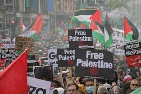 A photo of a pro palestinian demonstration with lots of flags and signs saying Free Palestine