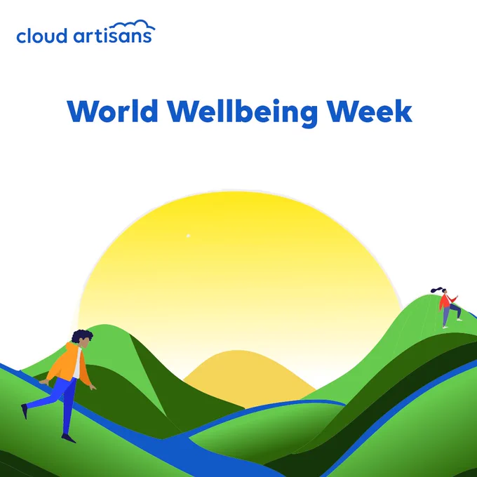 A graphic with a white background with a blue Cloud Artisans logo in the top left hand corner with a blue title in the middle of the graphic and an image of a sunset or sunrise with people walking on green grassy hills. 