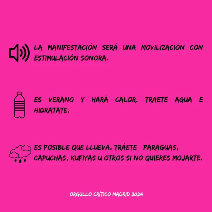 Información adicional

La manifestación será una movilización con estimulación sonora

Es verano y hará calor. Tráete agua e hidrátate 

Es posible que llueva, tráete paraguas, capuchas, kufiyas u otros si no quieres mojarte