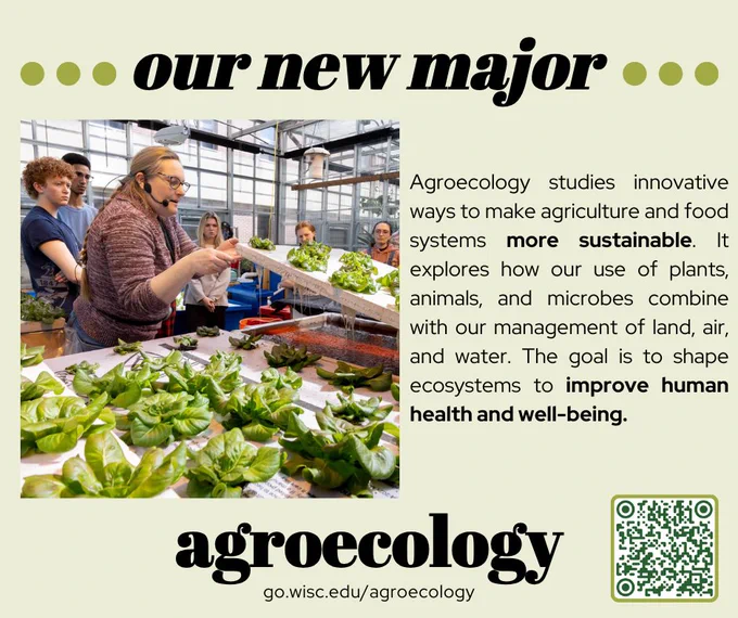 Text says, "Agroecology studies innovative ways to make agriculture and food systems more sustainable. It explores how our use of plants, animals, and microbes combine with our management of land, air, and water. The goal is to shape ecosystems to improve human health and well-being." A QR code leads to go.wisc.edu/agroecology.