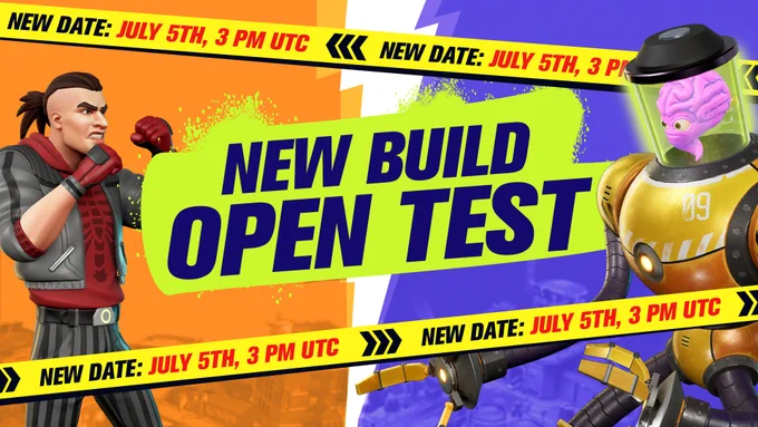Two animated characters, one dressed in a casual jacket and the other in a futuristic robot suit, are featured prominently. Text above them reads " BOSS FIGHTERS NEW BUILD OPEN TEST” and below, "NEW DATE: JULY 5TH, 3 PM UTC." The background has a vibrant, graphic design style with arrows pointing towards the text.
