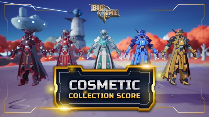 A promotional image for the "Big Time" video game featuring six characters in vibrant, futuristic armor, standing in a row with a bold title "Cosmetic Collection Score" in the foreground, set against a stylized sci-fi landscape with a flying saucer in the background.