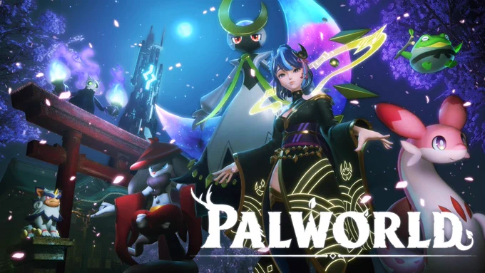 Image of multiple "Palworld" Pals and a human character in various spots in the new Sakurajima Island at night time. The "Palworld" logo is in the bottom right corner.