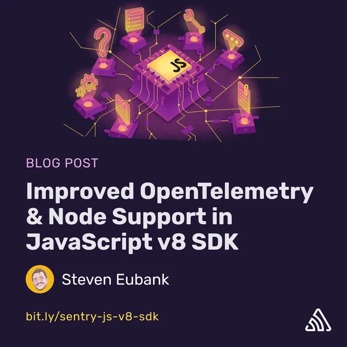 An illustration of a JavaScript logo being connected to a number of other services. The text reads “Blog post. Improved OpenTelemetry & Node Support in JavaScript v8 SDK. Steven Eubank. bit.ly/sentry-js-v8-sdk”
