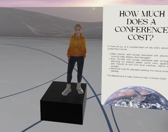 Screenshot of an avatar standing on a small cube that represents the carbon emissions from the ASA 2024 meeting in the virtual format.