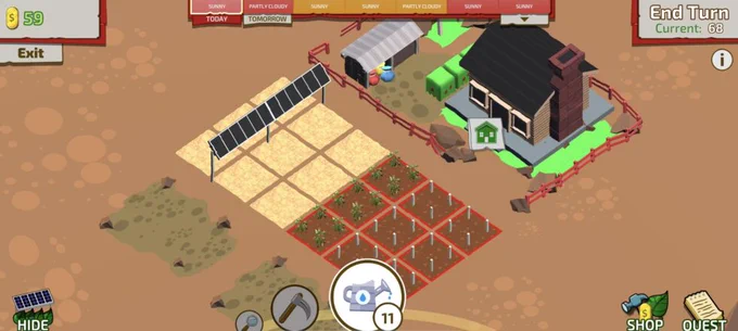 Screenshot of My Agrivoltaic Farm app showing an overhead animation of a farm with rows of crops and solar panels