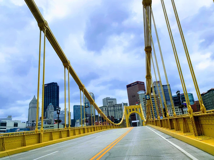 On the Andy Warhol bridge facing Pittsburgh