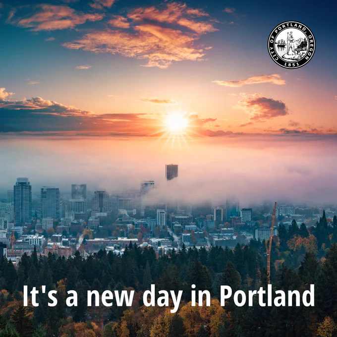 Image of the City of Portland Skyline with clouds over the building and the sun shining through.

It's a new day in Portland 

City of Portland seal