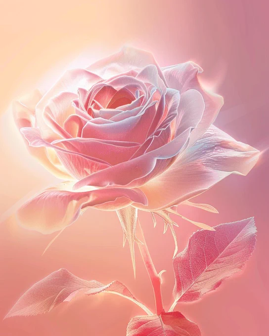  glowing white silhouette of a rose with a ethereal pink and rose gold background --ar 4:5