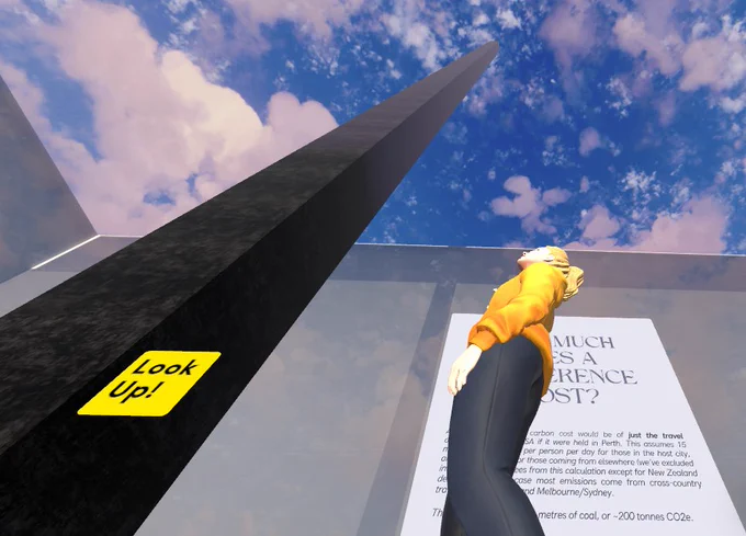 Screenshot of an avatar looking up to a sky-reaching column representing carbon emissions for the case of an in-person ASA 2024 meeting.