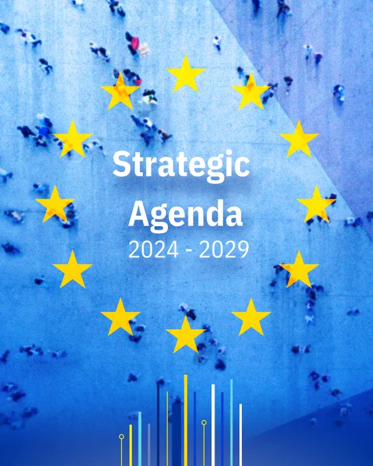 Cover image for the EU Strategic Agenda 2024-2029. The image features a top-down view of people walking on a blue-toned surface, overlaid with the yellow stars of the European Union flag arranged in a circle. The text 'Strategic Agenda 2024-2029' is centered in white font.