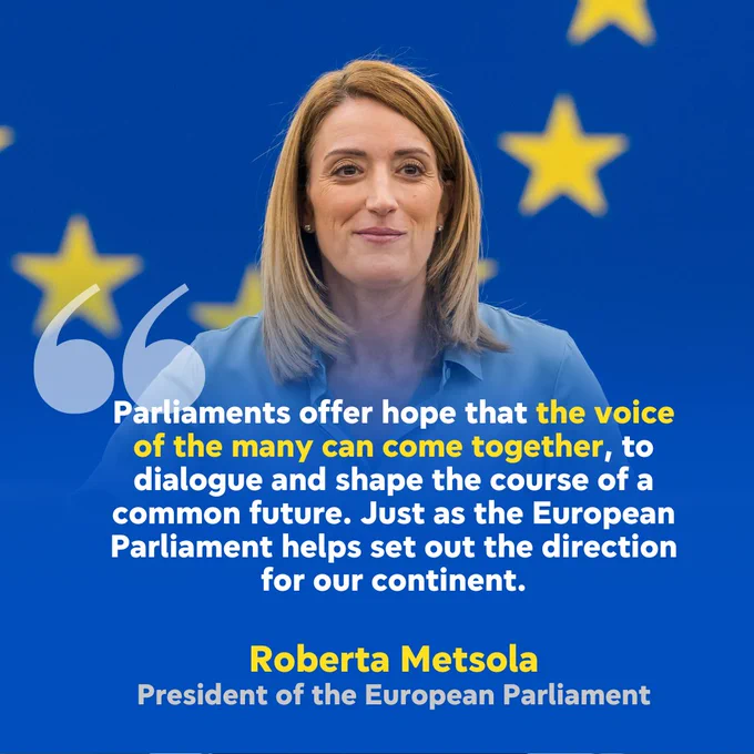 Photo of Roberta Metsola with the quote: "Parliament offers hope that the voice of the many can come together, to dialogue and shape the course of a common future. Just as the European Parliament helps set out the direction for our continent."