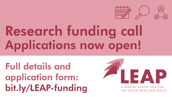 Text graphic: Research funding call. Applications now open! Full details and application form: bit.ly/LEAP-funding