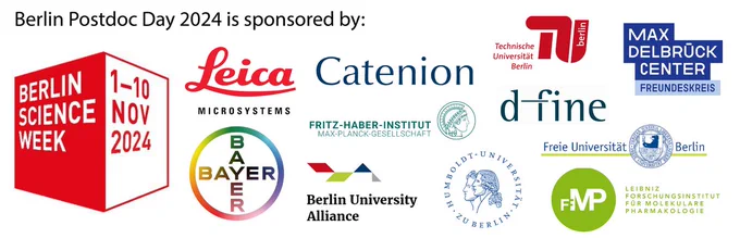 We thank all our sponsors for #PDD24 - Leica Microsystems, Bayer, Catenion, D-Fine, Berlin University Alliance, Fritz-Haber Institute, Humboldt University, Technische University, Freie University, Max-Delbrueck Center, and Leibniz Inststitute for Molecular Pharmacologie.