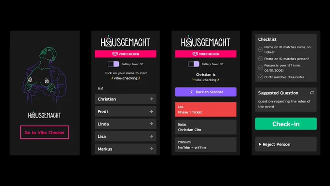 Screenshots of one of the applications I built for scanning an checking in people!