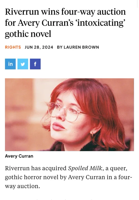 bookseller announcement of spoiled milk by avery curran a queer gothic novel and also a nice photo of me
