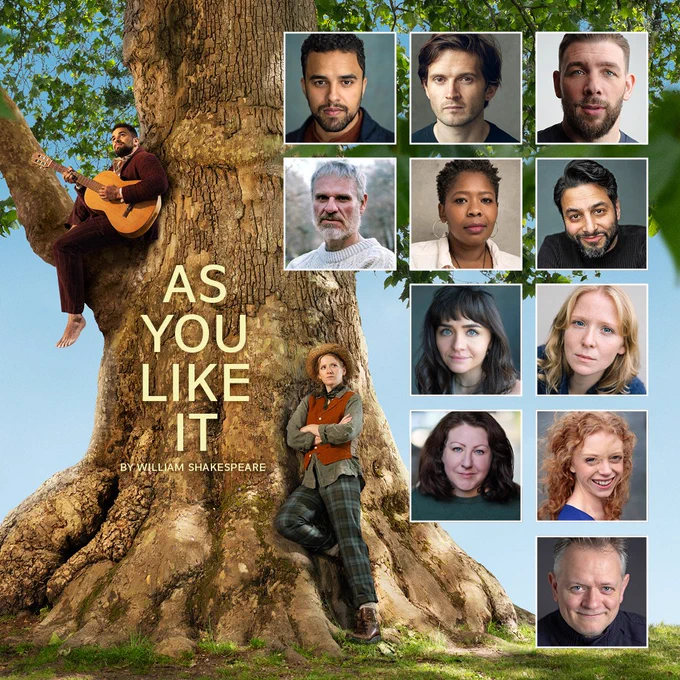 A graphic which shows a large tree in the background, with two actors - one playing a guitar on a branch and another leaning against the trunk. Headshots of the As You Like It company are arranged down the right hand side.