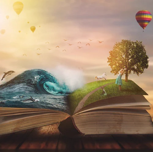 Storybook with characters coming out of the pages.