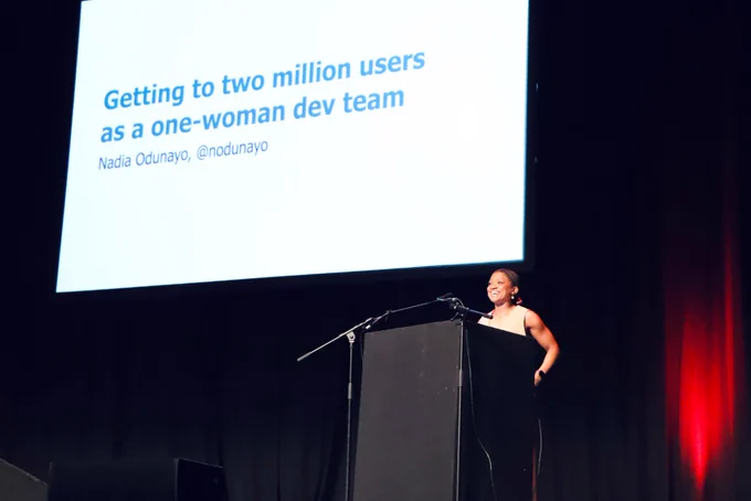 Nadia Odunayo speaking at Brighton Ruby on "Getting to two million users as a one-woman dev team"