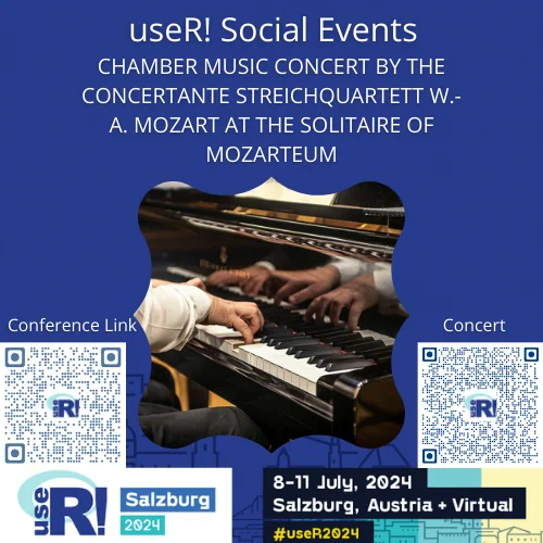 Picture of hands playing a piano with text details about the concert social event for useR! 2024.