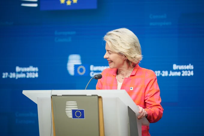 President-designate Ursula von der Leyen talking from the podium yesterday at the European Council press conference.
