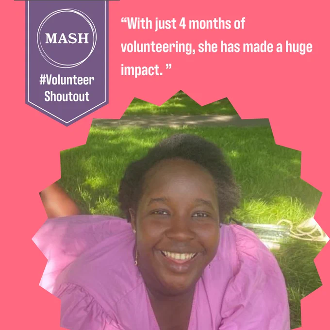 Purple banner top left with #VolunteerShoutout written in white. Pink background with quote "With just 4 months of volunteering, she has made such a huge impact". Headshot picture below of Natasha smiling lay on some grass".