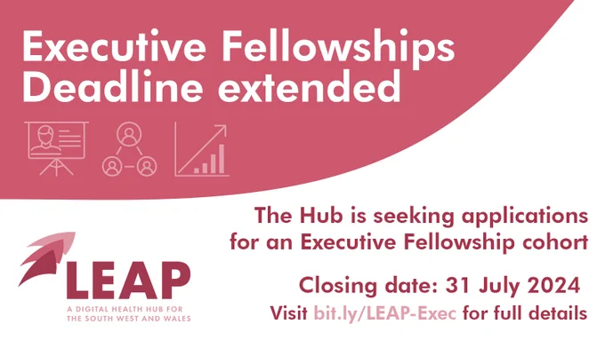 Text graphic: Executive Fellowships. Deadline extended. The Hub is seeking applications for an Executive Fellowship cohort. Closing date: 31 July 2024. Visit bit.ly/LEAP-Exec for full details.