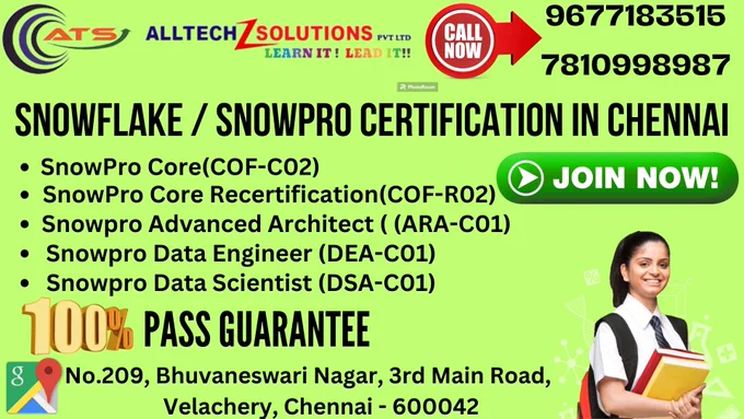 AllTechZ Solutions Offers #Snow Flake / Snowpro Certification in Chennai

#SnowFlake/SnowproCertificationinchennai #SnowFlake/SnowproCertificationinvelachery 
#SnowFlake/SnowproCertificationTrainingInstituteinchennai #SnowFlake/SnowproCertificationTraininginstituteinvelachery 
#Onlinecertifications

Visit us: https://www.alltechzsolutions.in/
Email us: krs.alltechz@gmail.com
Contact Us: 9677183515/7810998987 
