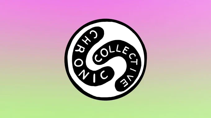 A large pink and green gradient projection behind them with the circle black and white "Chronic Collective" logo.