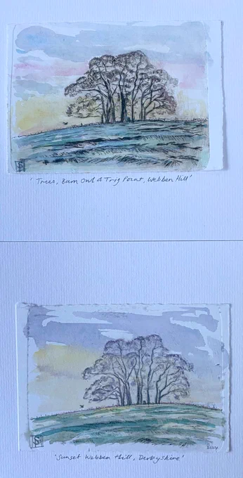 Dry point etching with watercolour additions. ‘Sunset on Webben Hill’ nr Tissington, Derbyshire Coppice on the hill with evening colours. Trig point & hint of the Barn owl.