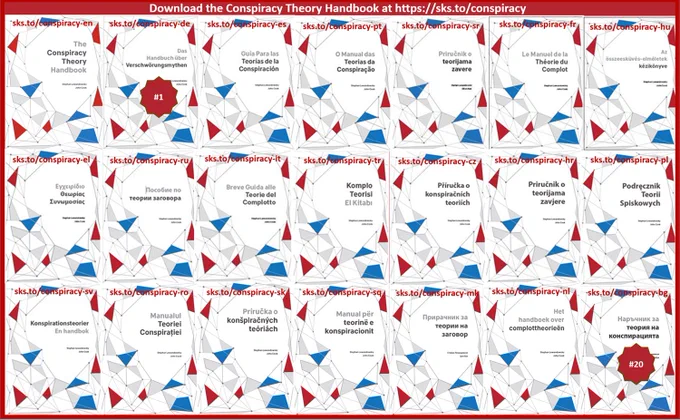 Composite image of 21 thumbnails showing the titles of the 20 translations and the English original of The Conspiracy Theory Handbook