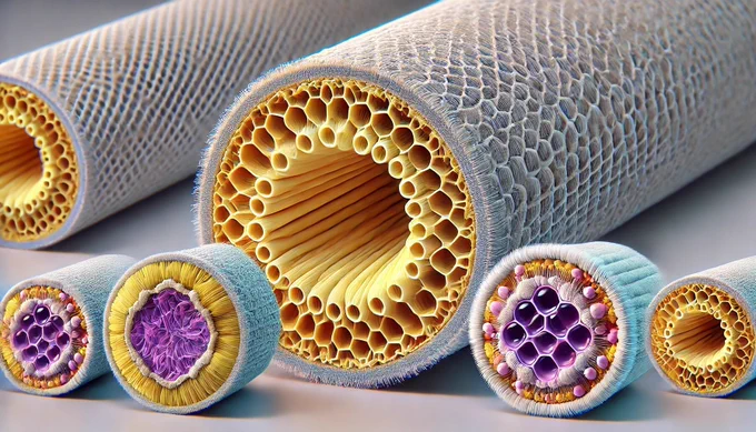 A realistic and detailed image depicting textile fibers designed to deliver drugs, closely replicating the provided reference picture. The image features cross-sections of textile fibers with visible hollow structures for drug delivery. The left side shows a yellow fiber with a hollow center, while the right side shows a fiber with a purple liquid core, surrounded by a textured surface. The background is minimalistic, emphasizing the advanced technology and innovative application of these drug-delivering textile fibers.