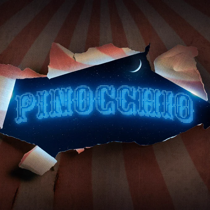 
The image is a vibrant and eye-catching promotional poster for "Pinocchio." The design features a background resembling a circus tent with red and white stripes, and the text "PINOCCHIO" prominently displayed in the center. The text appears in a bold, retro style with illuminated, marquee-like letters glowing in a bright blue color. The background behind the text looks like a night sky with a crescent moon, adding a whimsical and magical feel to the overall design. The edges of the image have a torn paper effect, revealing the night sky and "Pinocchio" text beneath the circus tent backdrop.