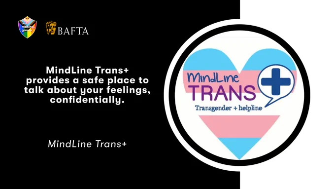 A graphic card with a black background and white trim. An image of the MindLine Trans logo is on the right, with text on the left which says:

MindLine Trans  provides a safe place to talk about your feelings, confidentially. 
