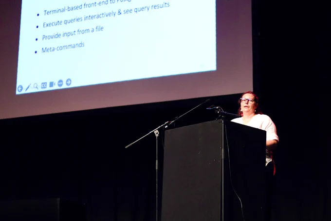 Karen Jex speaking on "Database Troubleshooting for Developers" at Brighton Ruby conference