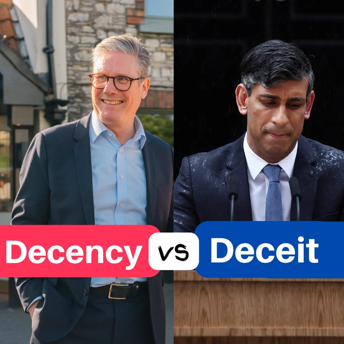 Photo of Keir Starmer on the left with the text "Decency" and a photo of Rishi Sunak on the right with the words "Deceit".