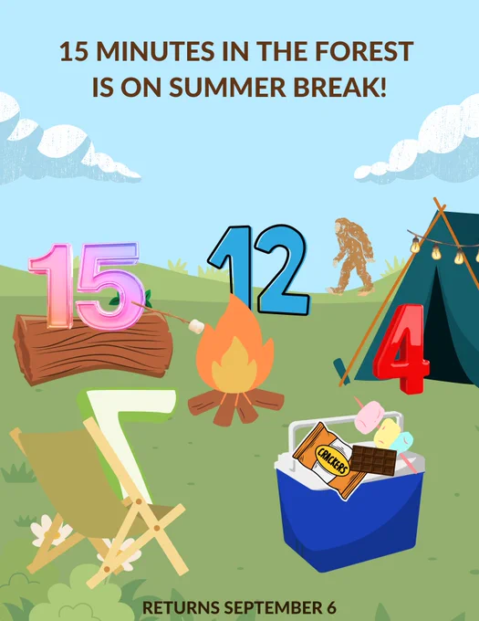 Cartoon with numbers sitting around a campfire with a tent and sasquatch in the background. 