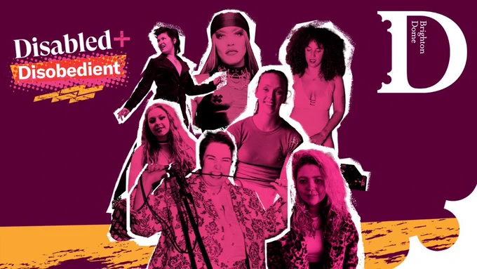 On a plain burgundy background are layered images of different performers. They all have a pink wash over the image and a white textured outline