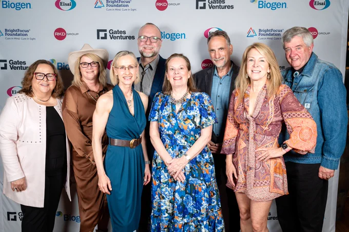 Members of the BrightFocus Board of Directors. From left: Stacy Pagos Haller, Shawna Gottlieb, Dr. Jan Stoeffer, Dr. Adam Meyers, Patricia McGlothlin Stewart, Seth Perlman, Ann Argabright Seclow, and Dr. Thomas Freddo.  
